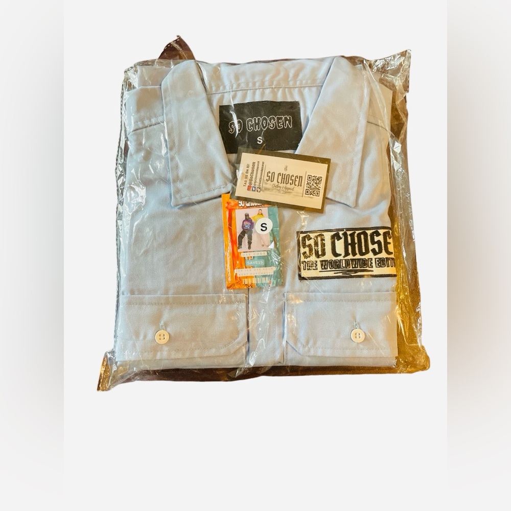So Chosen Men’s Size Small Light Blue Button Down Shirt and Pants. NWT